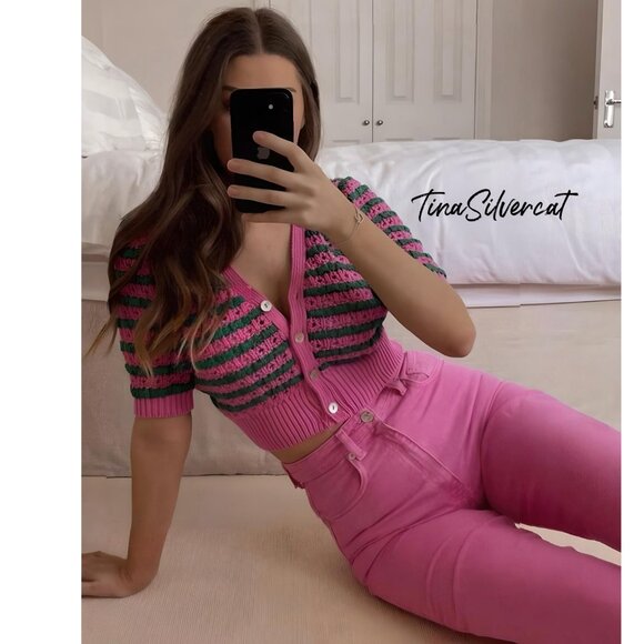 BLOGGER'S FAVE! Zara Striped Knit Jacket Button Up Sweater Pink Green NWT - Picture 1 of 12